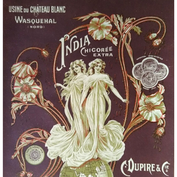 India Chicoree Extra Flower Label Artwork Art Nouveau Lady 1902 France C Dupire - Picture 1 of 5